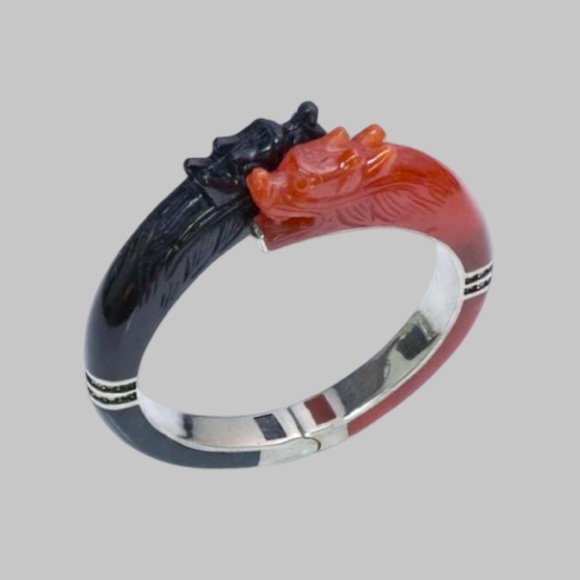 Chinese Dragon Carnelian Onyx Silver Bangle - Picture 8 of 15